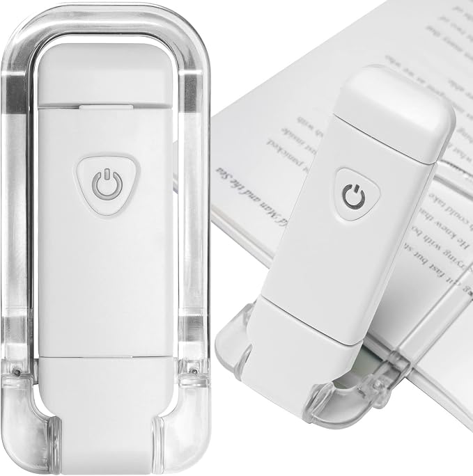 EGWASER Book Reading Light, Portable USB Rechargeable LED Clip on Book Lights for Reading in Bed, 3 Brightness Adjustable Dimmable Bookmark Light for Eye-Protection, Reading Lamp (White)