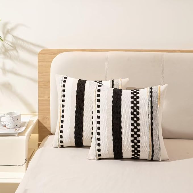 Boho Throw Pillow Covers Decorative Neutral Farmhouse Pillow case | 18x18 Set of 2 Cushion Case Striped Square Pillows Cover Couch Pillow Cases Accent Pillowcase for Sofa Bed,Black