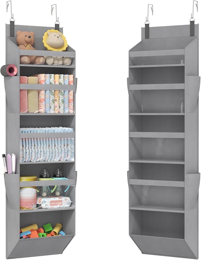 Lifewit 1 Pack Over the Door Organizer, Clear Window Hanging Storage with 4 Side Pockets, Anti Tilt 40 lbs Load Behind Door for Pantry, Nursery, Bathroom, Bedroom, Dorm, 5 Section, Gray
