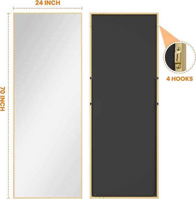 Full Length Floor Mirror 70"x24", Large Standing Body Mirror, Gold | Built-in Stand, HD Shatterproof Glass, Aluminum Alloy Frame, Wall Mounted or Standing, for Bedroom, Living Room and Bathroom