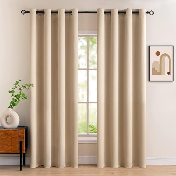 MIULEE Beige Blackout Bedroom Curtains Drapes 80 Inch Long 52"x80" | Grommet Top, Room Darkening Window Drapes, Privacy Protection, Thermal Insulated, Heat Blocking, Light Blocking