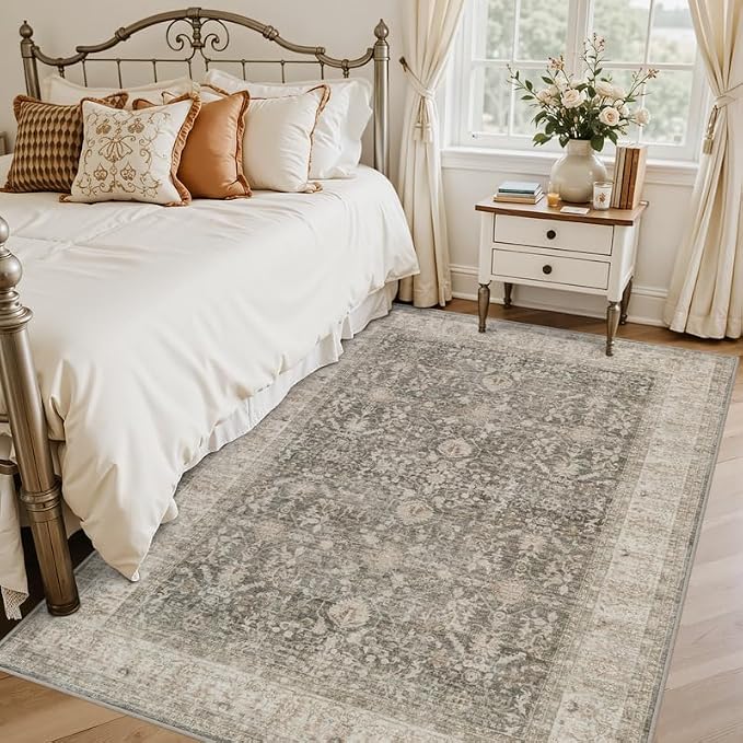 6x9 Area Rugs Living Room: Bedroom Washable Carpet Warm Taupe | Large Vintage Boho Indoor Decor Neutral Soft Nursery Farmhouse Dining Room Office Floor Non-Slip Low Pile Under Table Rug