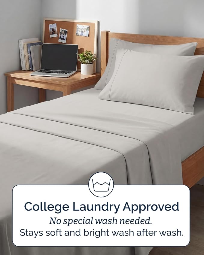 Extra Deep Twin XL Sheet Set - 4 Piece College Dorm Room - French Grey | College Dorm Room Essentials, Easy & Secure Fit, Ultra-Soft, Wrinkle & Fade Free, Comfy Sheets Set with Extra Deep Pockets