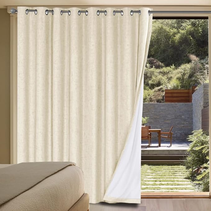 H.VERSAILTEX Linen Blackout Curtains Durable Thick Textured Linen Look 100% Blackout Patio Door Curtain Anti Rust Grommet Extra Wide Sliding Door Curtain Panel, Bleached Sand, W100 x L84 inch