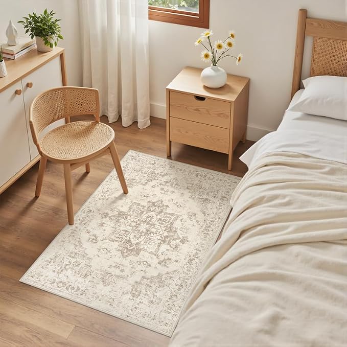 Washable Area Rugs 2x3: Living Room Bedroom Carpet Beige/Ivory | Vintage Boho Indoor Decor Soft Small Entryway Throw Neutral Kitchen Bathroom Laundry Floor Non-Slip Low Pile Entrance Rug