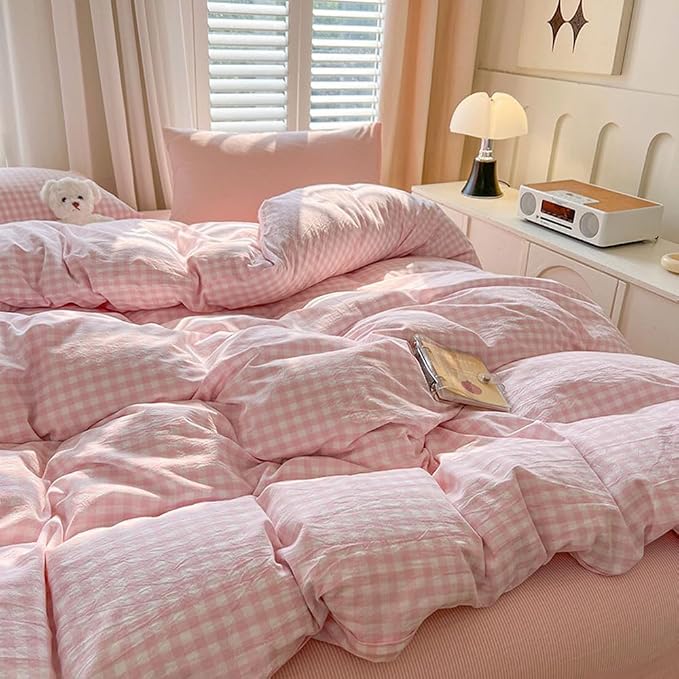 Nayoroom Gingham Duvet Cover Set Oversized King Pink White Plaid Bedding | Soft Breathable Washed Microfiber, All-Season Comfort, Hidden Zipper, 4 Corner Ties, Coquette Modern Farmhouse, Dorm Bedding
