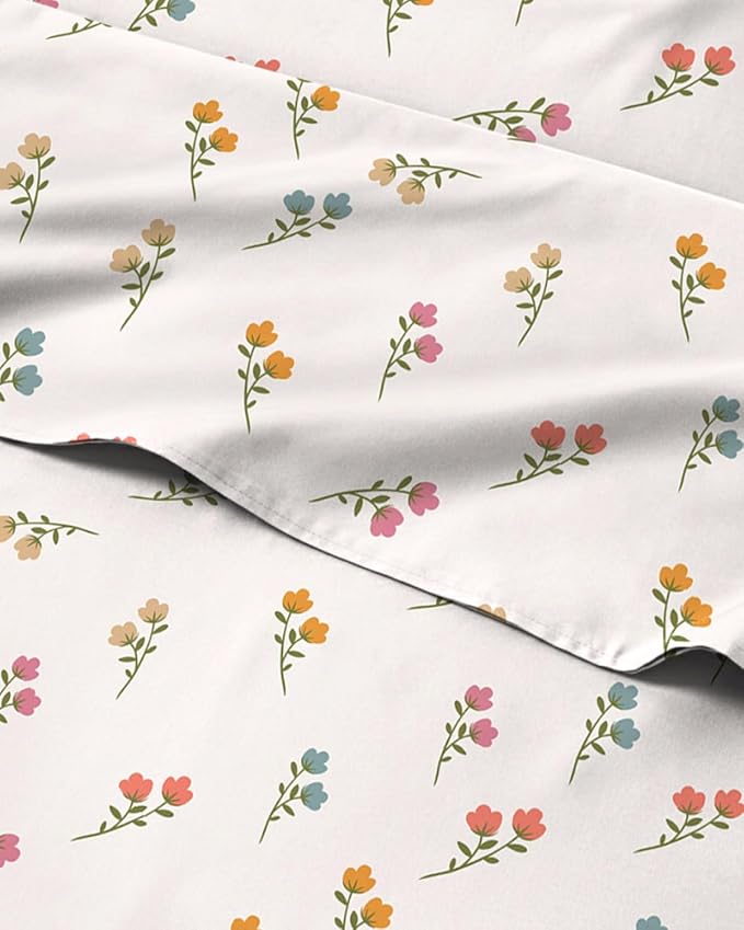 Cal King 4 Piece Floral Sheet Set - Breathable & Cooling - Petite Garden | 1 Flat, 1 Fitted & 2 Pillowcases w/ Deep Pockets, Boho Botanical Floral Bedding, Breathable & Cooling, Wrinkle & Fade Free