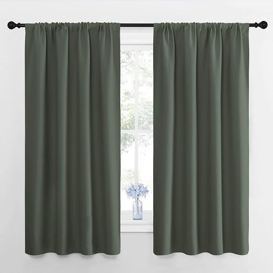 NICETOWN Dark Mallard Blackout Curtains for Kid's Room 42" x 63" 2 Panels | All Season Thermal Insulated Solid Rod Pocket Top Drapes for Bedroom Living Room Kitchen, Light Blocking Noise Reducing Decor