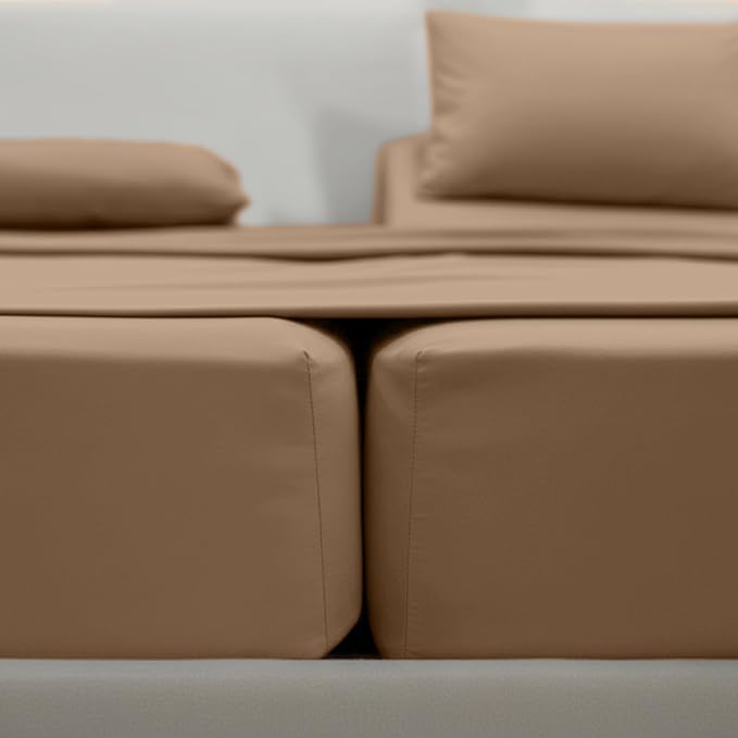 Elegant Comfort Luxurious 1500 Premium Hotel Quality Microfiber Three Line Embroidered Softest 5-Piece Bed Sheet Set, Wrinkle and Fade Resistant, Split King, Taupe