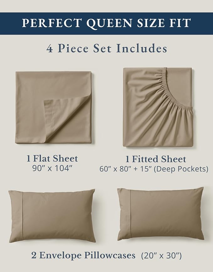 LANE LINEN Eco Friendly 100% Organic Cotton Sheets Queen Size, Naturally Cooling Percale Weave, Soft & Comfy Long Staple Mercerized Machine Wash Low Pill Fade Resistant Bed Sheets Queen Taupe