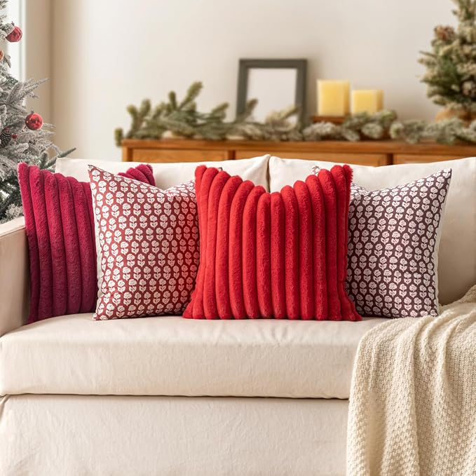 MIULEE Faux Fur Decorative Throw Pillow Covers 12x20 Set of 2 Red | Modern Soft Plush Couch Pillows, Cozy Fluffy Cushion Covers for Sofa Bed Living Room Home Decor