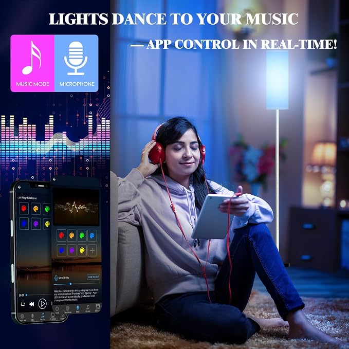 Qaubauyt Smart LED Floor Lamp with APP Control & RGB Colors - Dimmable Standing Lamp for Living Room, Bedroom, Gaming - Remote, Timer, 9W Bulb Included, 67" Modern Tall Lamp (White)