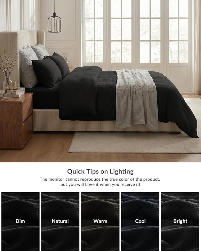 SE SOFTEXLY Muslin Duvet Cover King Size, 100% Washed Cotton Duvet Cover Set, Ultra Soft Comforter Cover Linen Like, 3 Pieces Minimalist Gauze Duvet Cover with 2 Pillowcases, 90"x104", Black