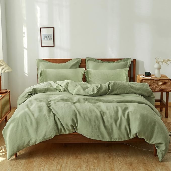 Simple&Opulence 100% Washed Linen Duvet Cover Set 5pcs(1 Duvet Cover& 2 Shams& 2 Pillowcases) Basic Style Natural French Flax Soft Breathable Farmhouse Bedding (King, Sage Green)