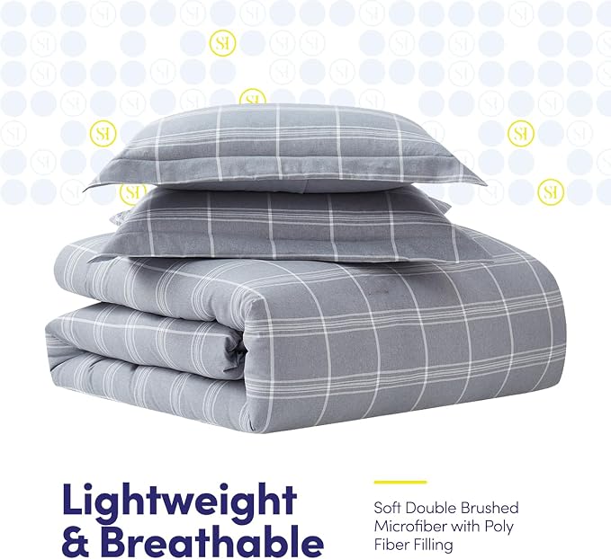 7 Piece Comforter Set Bag Solid Color All Season Soft Down Alternative Blanket & Luxurious Microfiber Bed Sheets, Full, Gray Plaid