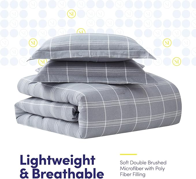 7 Piece Comforter Set Bag Solid Color All Season Soft Down Alternative Blanket & Luxurious Microfiber Bed Sheets, Twin, Gray Plaid