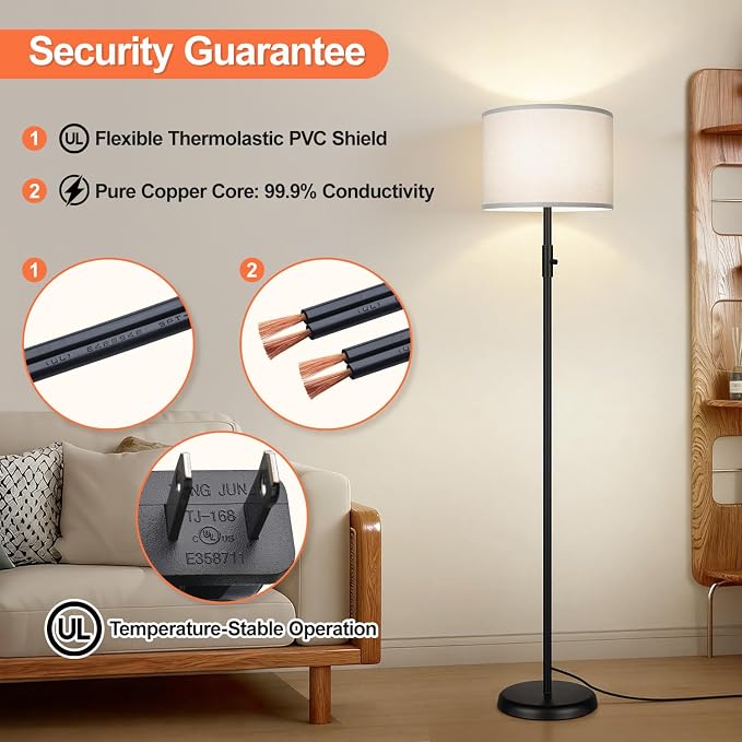 Floor Lamp Simple Design with Shade, Small Tall Lamps for Living Room Bedroom Office Dining Room Kitchen, Black Pole Lamp-Gray