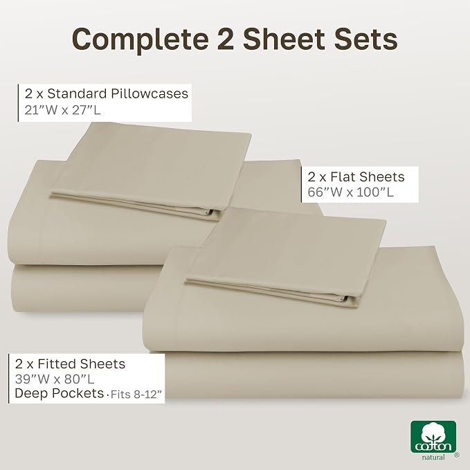 2-Pack Soft Natural 100% Cotton Sateen Twin XL Sheets Set | Backed by Good Housekeeping Seal, Light & Breathable For Hot Sleepers, All-Around Elastic, Easy Care - Beige (Warm Taupe)