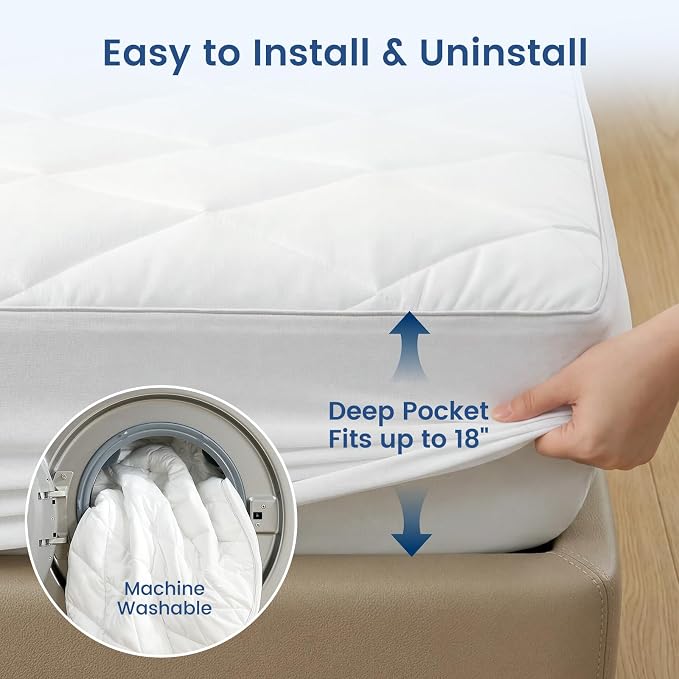 Cozy Bliss Leakproof Cooling Mattress Pad Full, Q-Max>0.45 Soft Noiseless Breathable Mattress Topper Cover, with Deep Pocket Fits 8–18 Inches for Summer Bed Hot Sleepers, White
