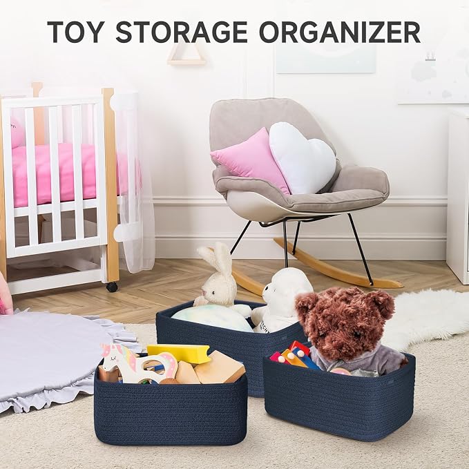 3 Pack Small Storage Baskets for Organizing, 11.8×7.8×5.1", Navy Blue | Woven Baskets for shelves, Cotton Rope Basket for Gifts Empty, Closet Organizer Bins with Handles, Cube Decorative Box