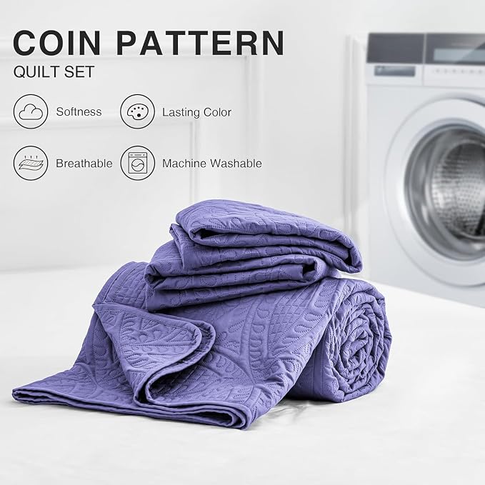 Love's cabin King Size Quilt Bedding Set Deep Purple Bedspreads - Bed Summer Lightweight Bedspread Comforter - Coin Pattern Bedding Coverlet for All Season - 3 Pieces (1 Quilt, 2 Pillow Shams)