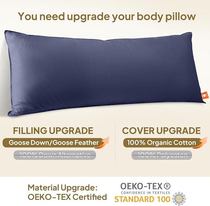 Goose Down Feather Body Pillows for Adults, Full Length Firm Hugging Pillow Insert for Side Sleepers, Breathable Large Long Pillow for Bed with 100% Organic Cotton Shell, Navy Blue 20"x60"
