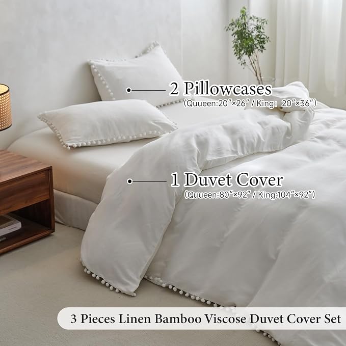 Simple&Opulence French Linen Blended Duvet Cover King, Flax Viscose Derived from Bamboo Bedding Set with Pom Pom Trim Soft Cooling for Hot Sleepers, 1 Boho Comforter Cover and 2 Pillow Shams, White