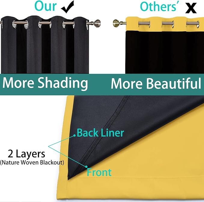 Yakamok Mustard Yellow Blackout Curtains 84 Inches Long 52" Wide 1 Panel | Blackout Curtain Panels for Bedroom, 2 Thick Layers Grommet Top Thermal Insulated Drapes with Black Liner for Living Room