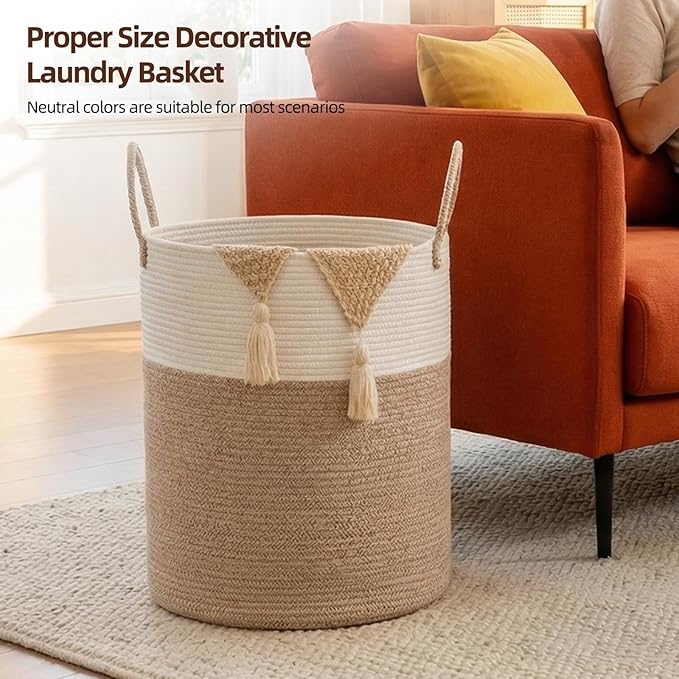 OIAHOMY 60L Nursery Hamper Laundry Basket Laundry Hamper Brown/White | collapsible Blanket Basket Cotton Rope Woven Basket Dirty Clothes Hamper Baby Hamper Tall Clothes Hamper with Handles