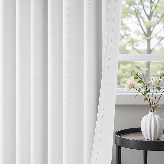 Topfinel White Black Out Curtains 63 Inch Long for Bedroom Rings Hooks Back Tab Thermal Insulated Short Linen Blackout Drapes Farmhouse Living Room Darkening Kitchen Curtains 52Wx63L
