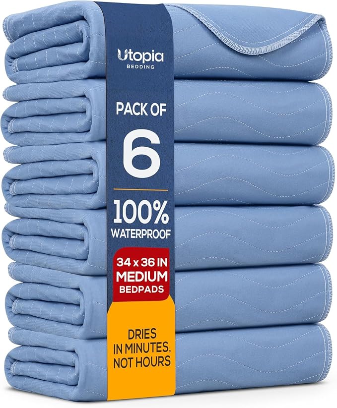 6 Pack Waterproof Reusable Heavy Absorbency Incontinence Bed Pads 34"x36" | Utopia Bedding Washable Underpads, Chuck Pads for Adults, Kids, Elderly and Pets, Bedwetting Pads for Sofa and Couch, Blue
