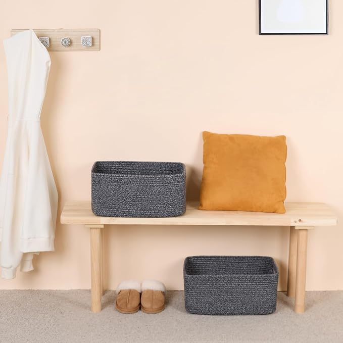 MiniArk Large Storage Baskets for Shelves, 17 x 13 x 7.5” Closet Organizers Bins for Clothes Blanket Towels, Baby Nursery, Toy Baskets Box, Woven Rope Baskets, 2 Packs Dark Gray