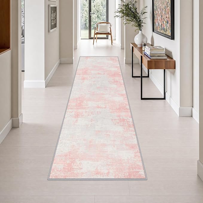 2.6x10 Washable Runner Rug:Modern Abstract Soft Carpet Pink White | For Hallway, Bedroom, Kitchen, Laundry, Bathroom,Door Mat,Modern Abstract,Machine washable,Non-Slip,Stain Resistant,Indoor