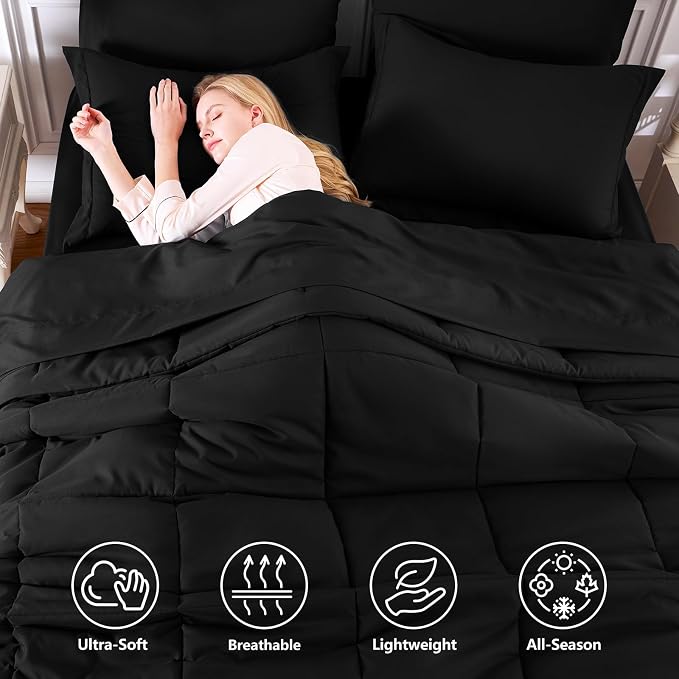 Oversized Queen Comforter Set, 7-Piece Bed in a Bag, Black | Extra-Wide Queen Coverage, OEKO-TEX Certified, Box-Stitched, 240 GSM Fill, All-Season Comfort, Sheets, Pillowcases & Shams