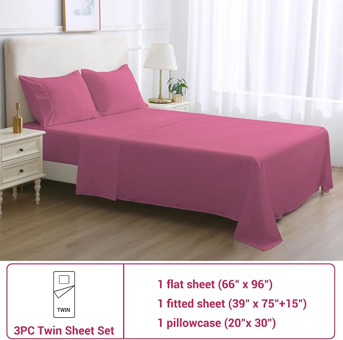 Softan Microfiber Twin Sheet Set with Non-Slip Corner Straps, Hot Pink | 15" Deep Pocket Fitted Bed Sheets, Double Brushed Microfiber, Cozy Sheets & Pillowcase for All Season