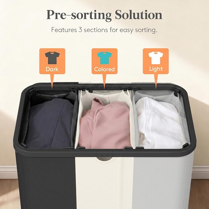 Lifewit 185L 3 Section Laundry Hamper with Lid, Black/Gray/White | Large Foldable Laundry Sorter with 3 Removable Bags, Tall Clothes Hamper for Bedroom and Bathroom