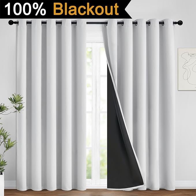 Yakamok Greyish White 100% Blackout Curtains 84 Inches Long, 2 Thick Layers | Blackout Curtains for Bedroom/Living Romm Full Light Blocking Soft Thermal Insulated Drapes for Bedroom 62" Wide Each Panel