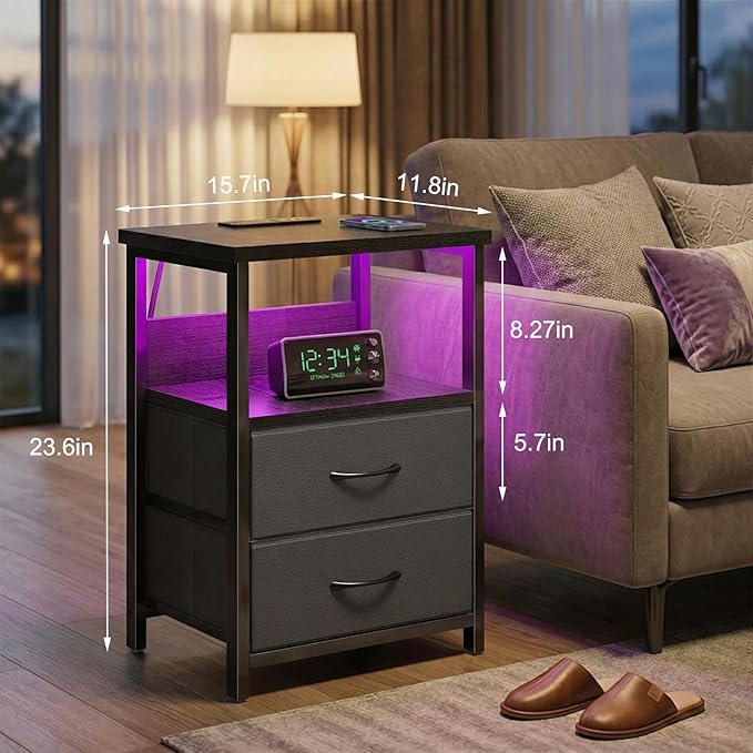Fixwal Night Stand with Charging Station, Black Led Nightstand, 2 Drawers | fabric drawer, built-in bedside charger, 2 AC outlets & 2 USB ports, open top shelf, small bedroom furniture, end table