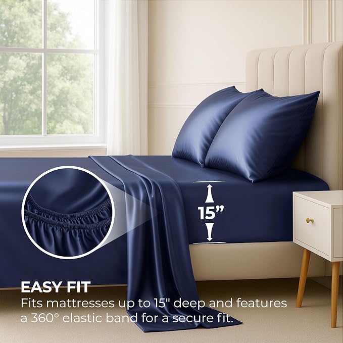 Satin Sheets Full [4-Piece, Midnight Blue] Hotel Luxury Silky Bed Sheets - Extra Soft 1800 Microfiber Sheet Set, Wrinkle, Fade, Stain Resistant - Deep Pocket Fitted Sheet, Flat Sheet, Pillow Cases