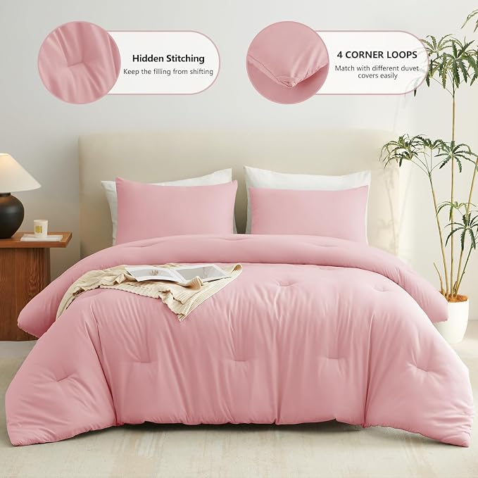 Queen Comforter Set, 3 Pieces Down Alternative Bedding, Pink | 270 GSM All Season Comforter with 4 Corner Ties for Use as a Duvet Insert, OEKO-TEX Certified, 2 Pillowcases, 88 x 88 in