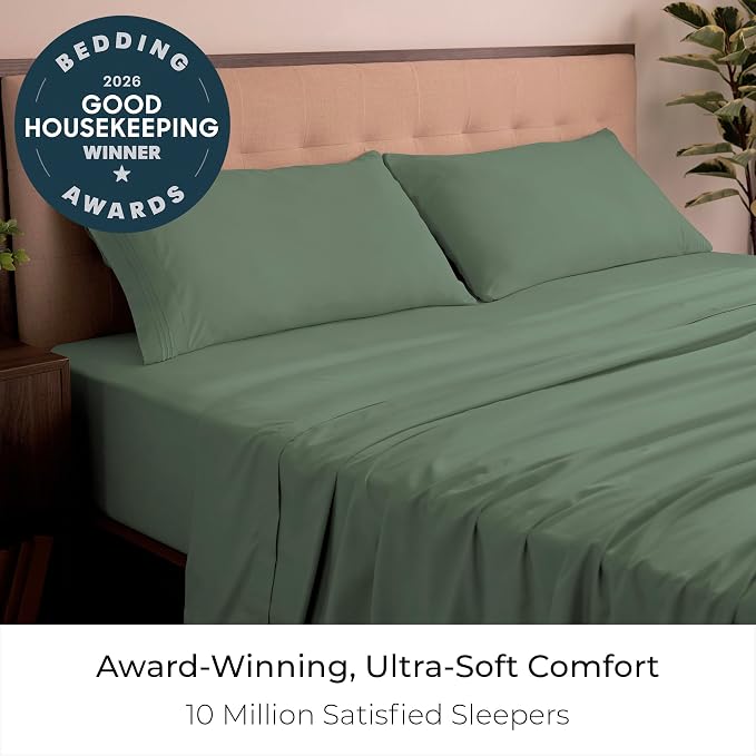 Mellanni Iconic 4-Piece, Ultra Soft Sheet Set (King, Sage) | 10M+ Sleepers. Lab-tested: Sleeps Cool, Stays Bright, Strong, Smooth. Good Housekeeping Best Bedding, 7 yrs running.