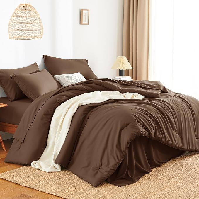 HIMEET Full Comforter Set, 7-Piece Point-Quilted Bed in a Bag, Brown | OEKO-TEX Certified, Lightweight 240 GSM Comforter, Flat Sheet, 14-Inch Deep-Pocket Fitted Sheet, Pillowcases & Shams