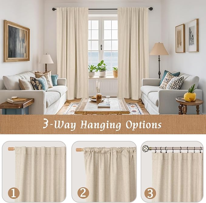 100% Blackout Linen Window Curtains for Bedroom 45 Inches, Linen | Thermal Insulated, Room Darkening, Farmhouse Curtains, Rod Pocket Back Tab Drapes, with White Liner, 2 Panels, 38 x 45 Inch