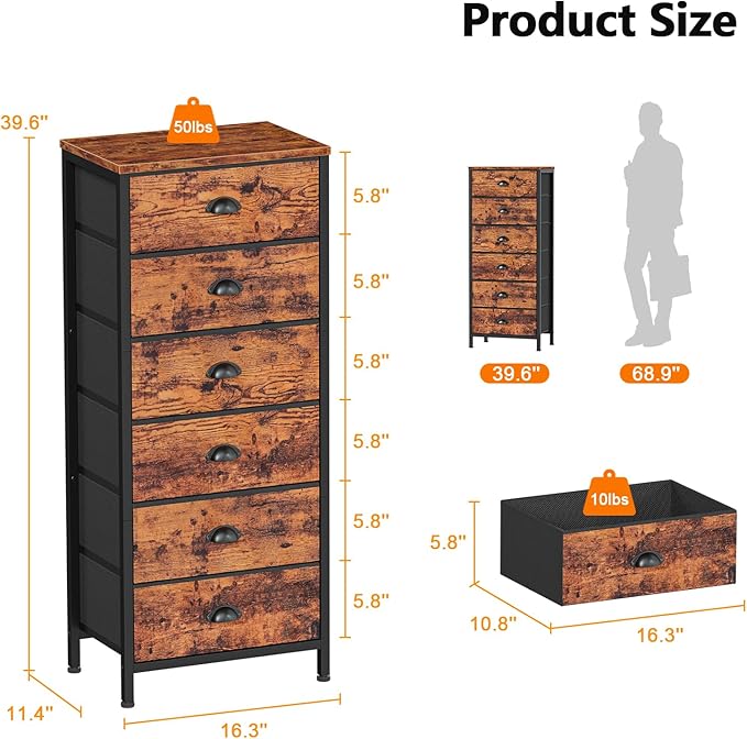 Furnulem Dresser for Bedroom, 6 Bins Tall Fabric Storage Drawers | Rustic Brown Chest of Drawers , Metal Frame, Wood Top,Tall Nightstand for Dorm,Closet, Bedside Furniture in Living Room
