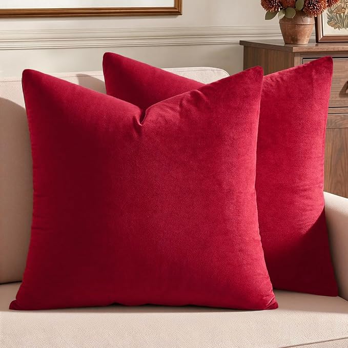 MIULEE 24x24 Inch Pack of 2 Euro Velvet Throw Pillow Covers Red | Soft Solid Decorative Euro Sham, Modern Luxury Home Decor, for King Bed Sofa Couch Bedroom Livingroom