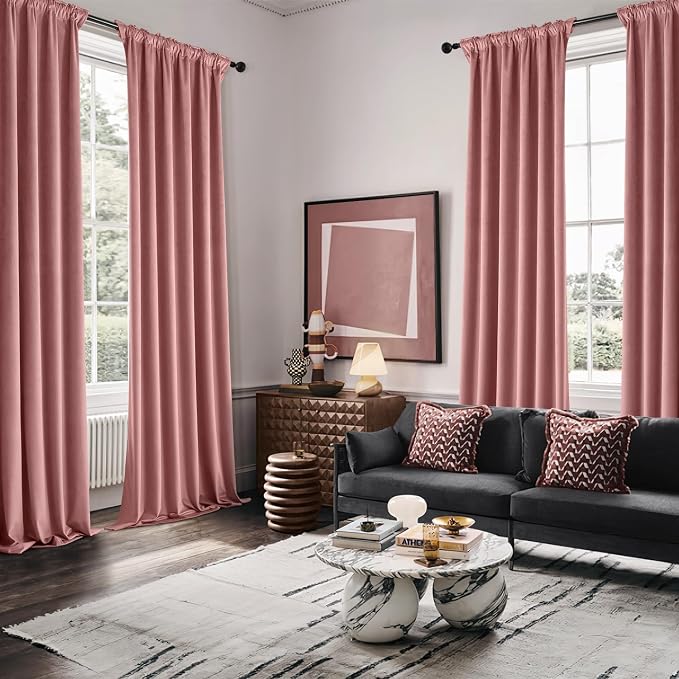 MIULEE Velvet Curtains 50W x 84L 2 Panels Dusty Rose Blackout Curtains | Luxury velvet fabric, pinch pleat design, back tab hooks, thermal insulated, blackout light blocking, for living room bedroom