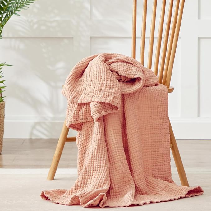100% Cotton Muslin Blanket 50"x 60", 6 Layers Breathable and Lightweight Cotton Throw Blankets for Couch, Soft Cooling Summer Gauze Blanket for Adults All Season, Dusty Rose‌