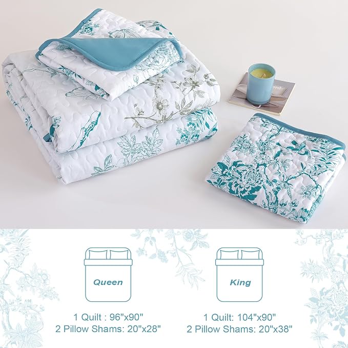 WONGS BEDDING Floral Quilt Set Full, 3 Pcs Teal Bedspreads Coverlets | Spring Summer Floral Farmhouse Bedspread with 2 Shams,Soft Microfiber Lightweight Coverlet for All Season 78"×90"