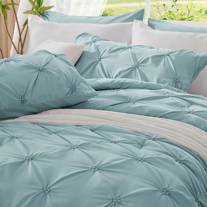 BEDELITE Queen Comforter Set Dusty Blue,Lightweight & Soft Comforter | Pintuck Boho Bedding, Warm & Cute Bed Set for All Season,With 2 Pillowcases