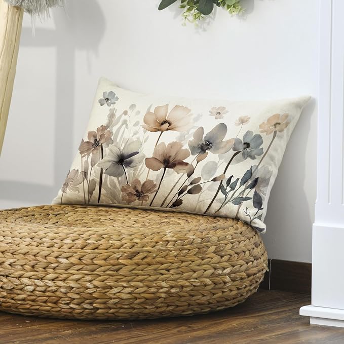 AVOIN colorlife Poppy Flowers Spring Fall Throw Pillow Cover 12x20 Inch | Chinoiserie Seasonal Leaves Cushion Case Decoration for Sofa Couch Farmhouse